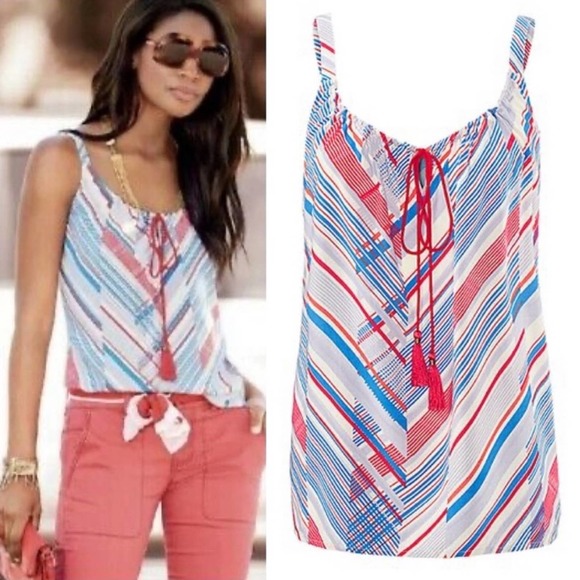 Cabi‎ #5230 Inline Print White Red & Blue Striped Tassel Tank Top Size S - Picture 1 of 9